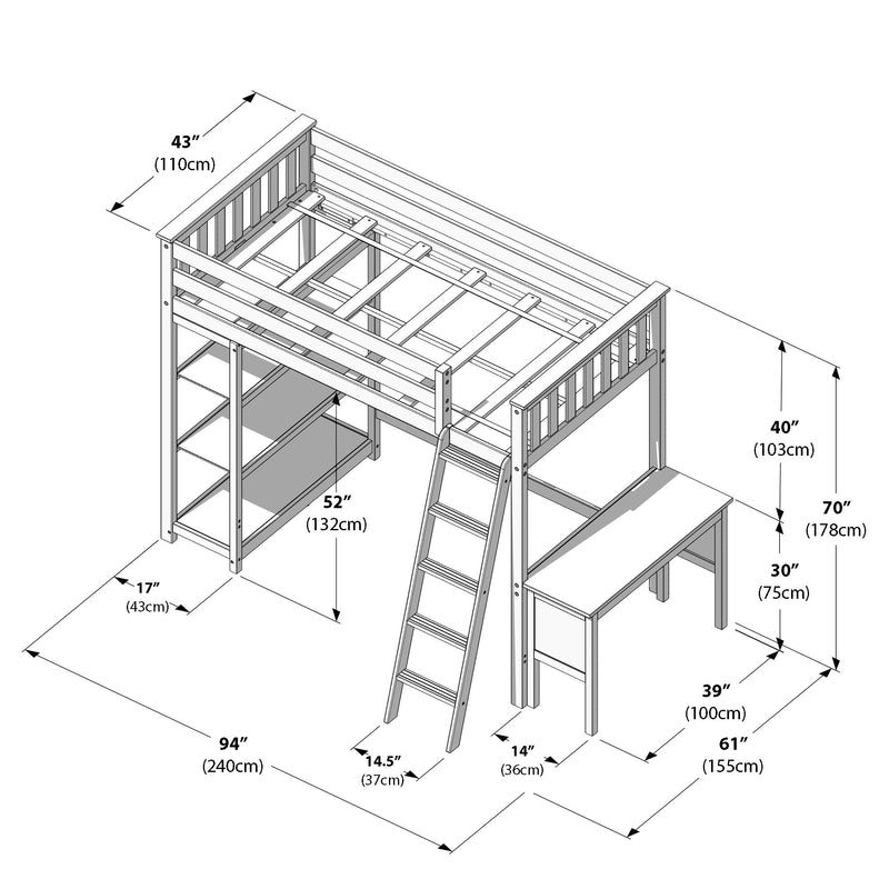 185218-002 : Loft Beds Twin-Size High Loft Bed With Bookcase & Desk, White