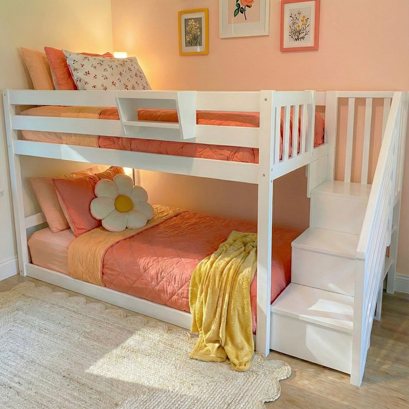 185220-002 : Bunk Beds Twin Over Twin Low Bunk Bed With Staircase, White
