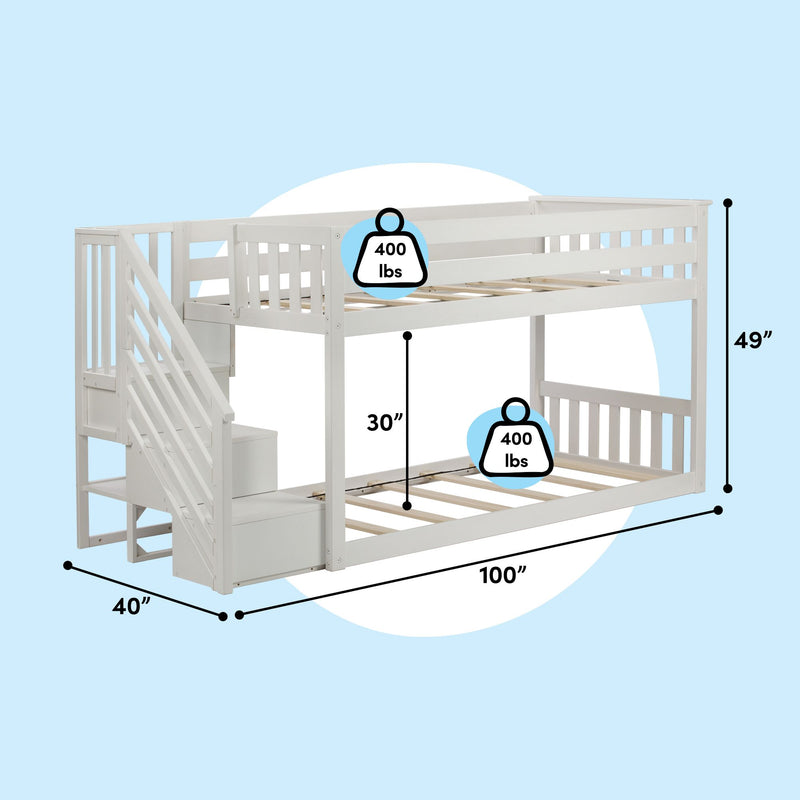 185220-002 : Bunk Beds Twin Over Twin Low Bunk Bed With Staircase, White