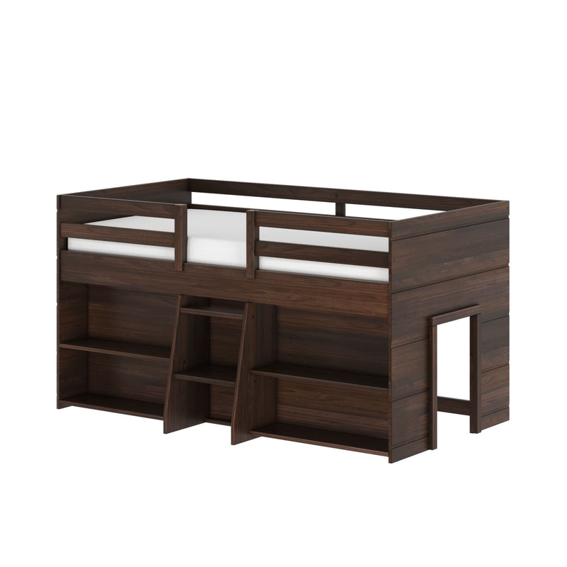 190025-181 : Loft Beds Farmhouse Twin Low Loft with 2 Bookcases, Barnwood Brown