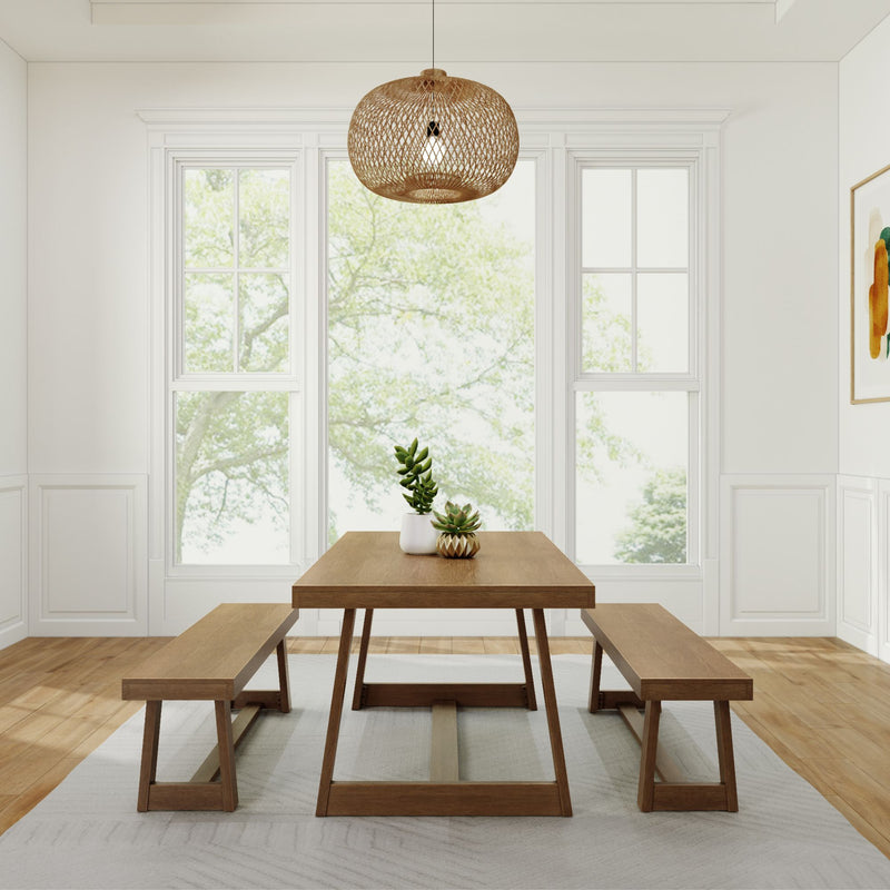 235110-197 : Dining Set Classic Solid Wood Dining Table Set with 2 Benches, Pecan Wirebrush