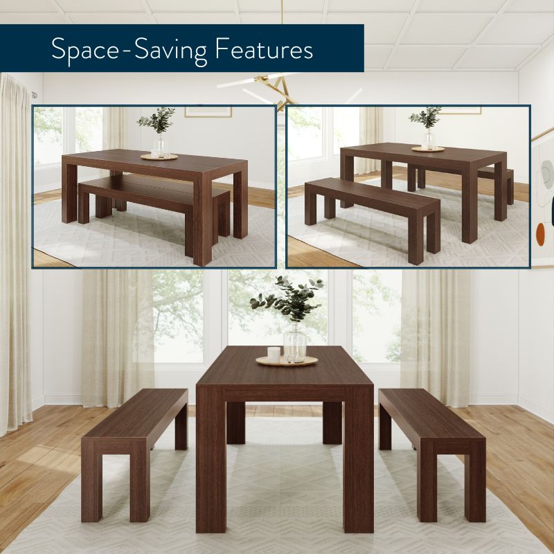 235210-198 : Dining Set Modern Solid Wood Dining Table Set with 2 Benches, Walnut Wirebrush