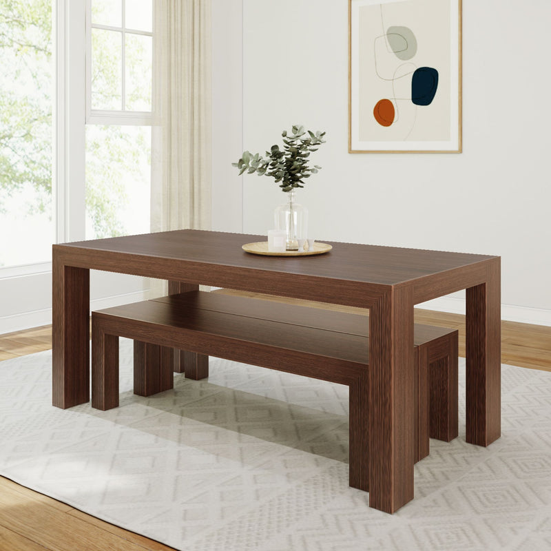 235210-198 : Dining Set Modern Solid Wood Dining Table Set with 2 Benches, Walnut Wirebrush
