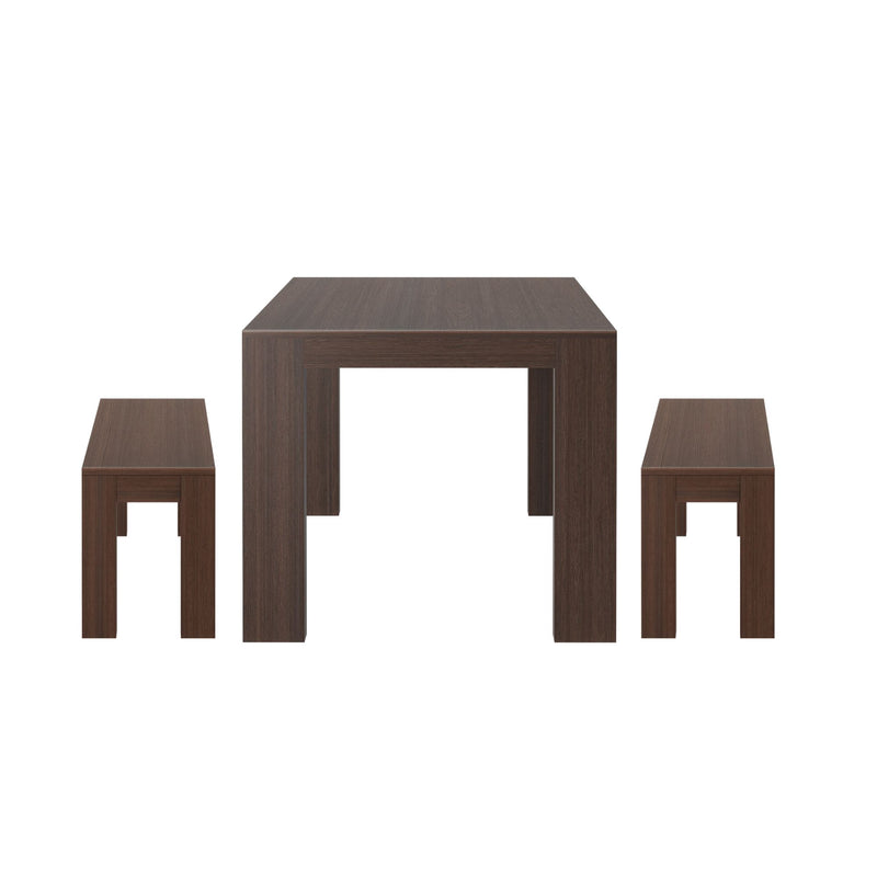 235210-198 : Dining Set Modern Solid Wood Dining Table Set with 2 Benches, Walnut Wirebrush