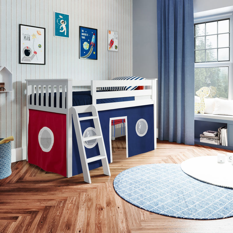 71-885-002 : Loft Beds Twin Play Loft with Red/Blue/White Curtain, White