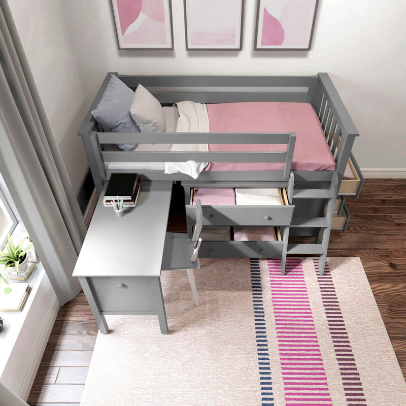 71S-L3D3DDK-121 : Loft Beds Twin Storage Loft Bed with Two Dressers and Desk, Grey