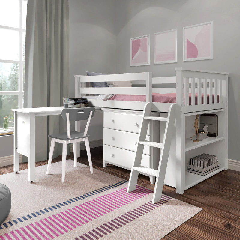 71S-L3DBKDK-002 : Loft Beds Twin Storage Loft Bed with Dresser, Bookcase and Desk, White