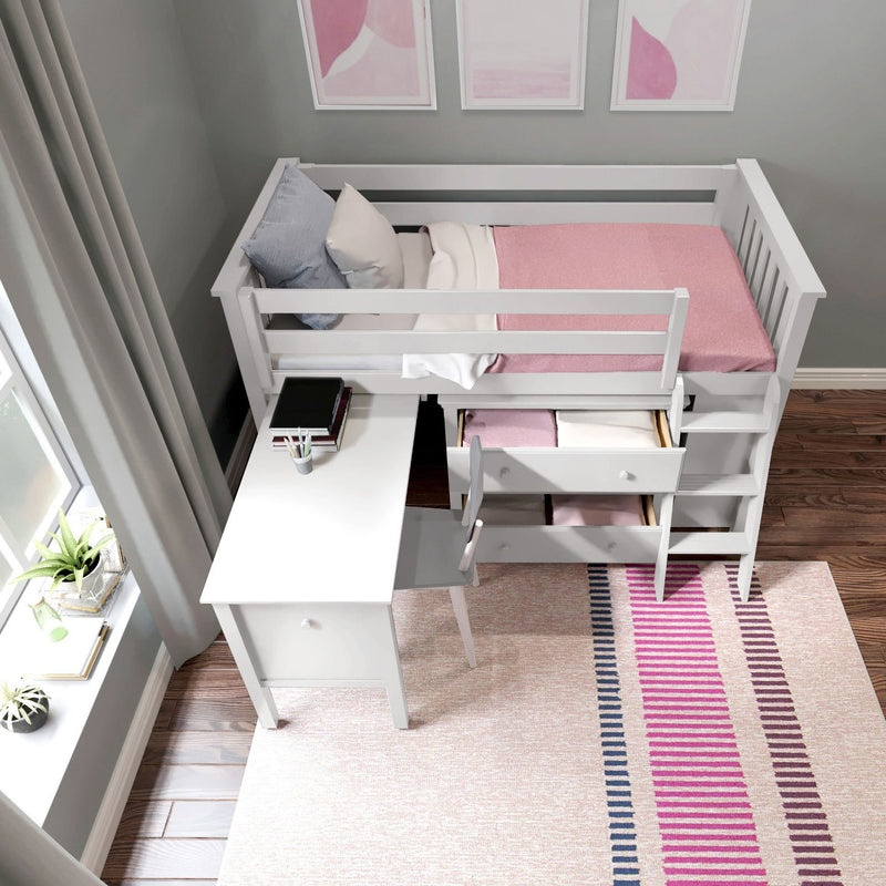 71S-L3DBKDK-002 : Loft Beds Twin Storage Loft Bed with Dresser, Bookcase and Desk, White