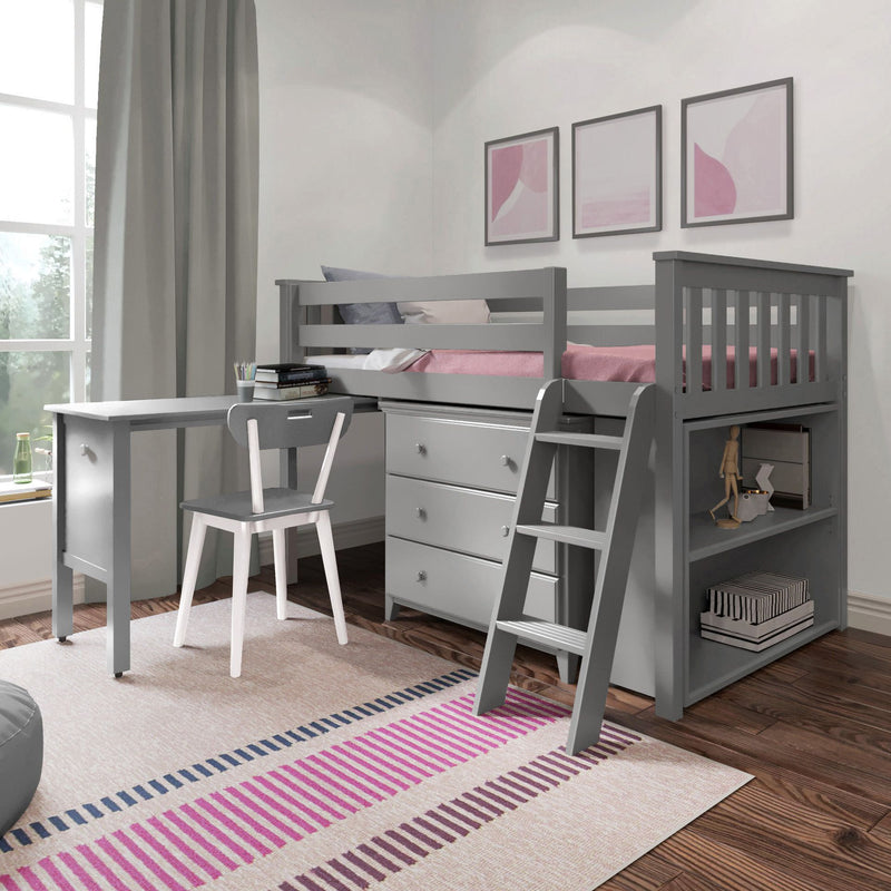 71S-L3DBKDK-121 : Loft Beds Twin Storage Loft Bed with Dresser, Bookcase and Desk, Grey