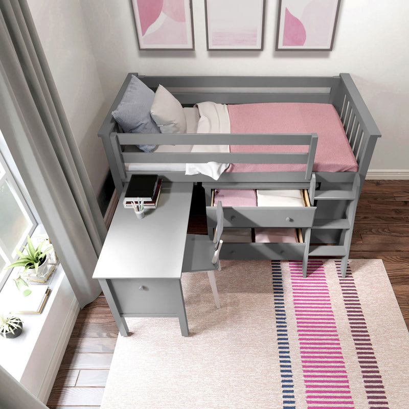 71S-L3DBKDK-121 : Loft Beds Twin Storage Loft Bed with Dresser, Bookcase and Desk, Grey