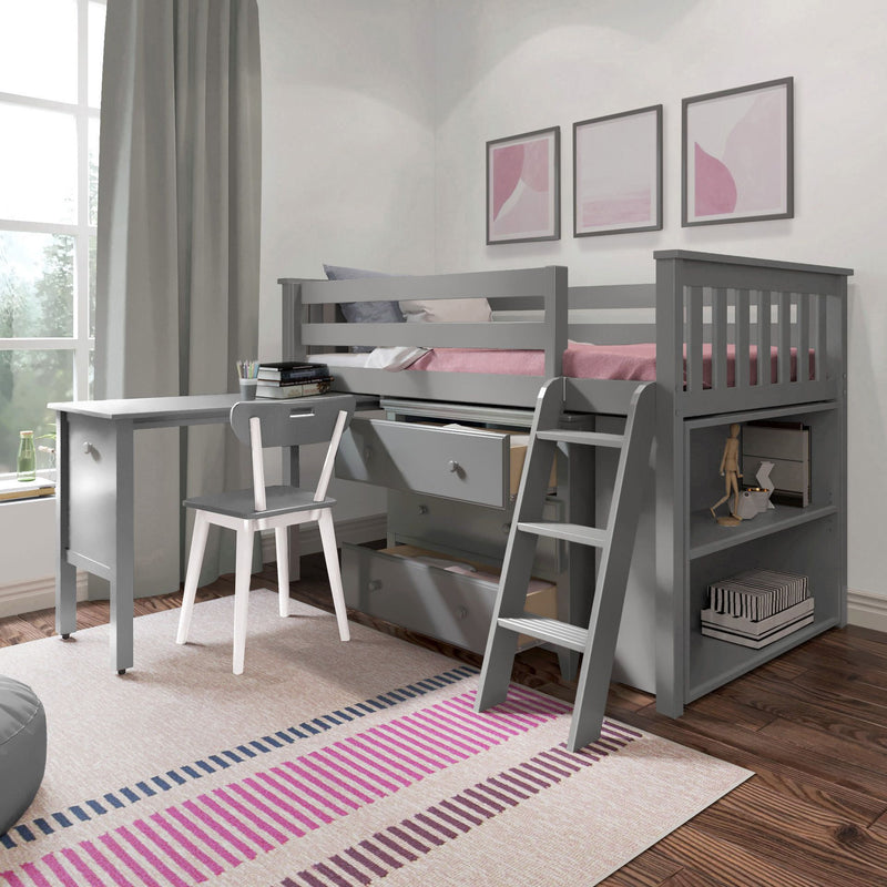 71S-L3DBKDK-121 : Loft Beds Twin Storage Loft Bed with Dresser, Bookcase and Desk, Grey