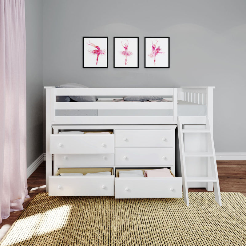 71S-L6DBK-002 : Loft Beds Twin Storage Loft Bed with Dresser and Bookcase, White