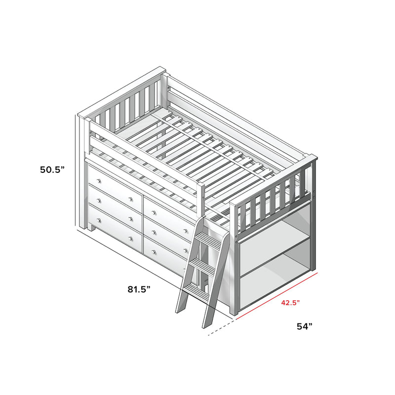 71S-L6DBK-002 : Loft Beds Twin Storage Loft Bed with Dresser and Bookcase, White