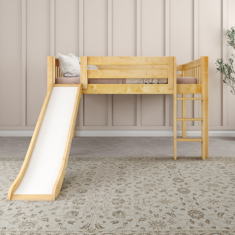 AMAZING NS : Loft Bed Full Low Loft Bed with Slide and Straight Ladder on Front, Natural Birch Slats