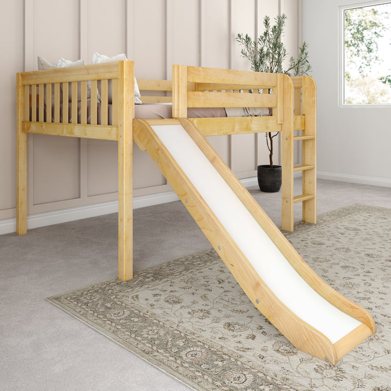 AMAZING NS : Loft Bed Full Low Loft Bed with Slide and Straight Ladder on Front, Natural Birch Slats