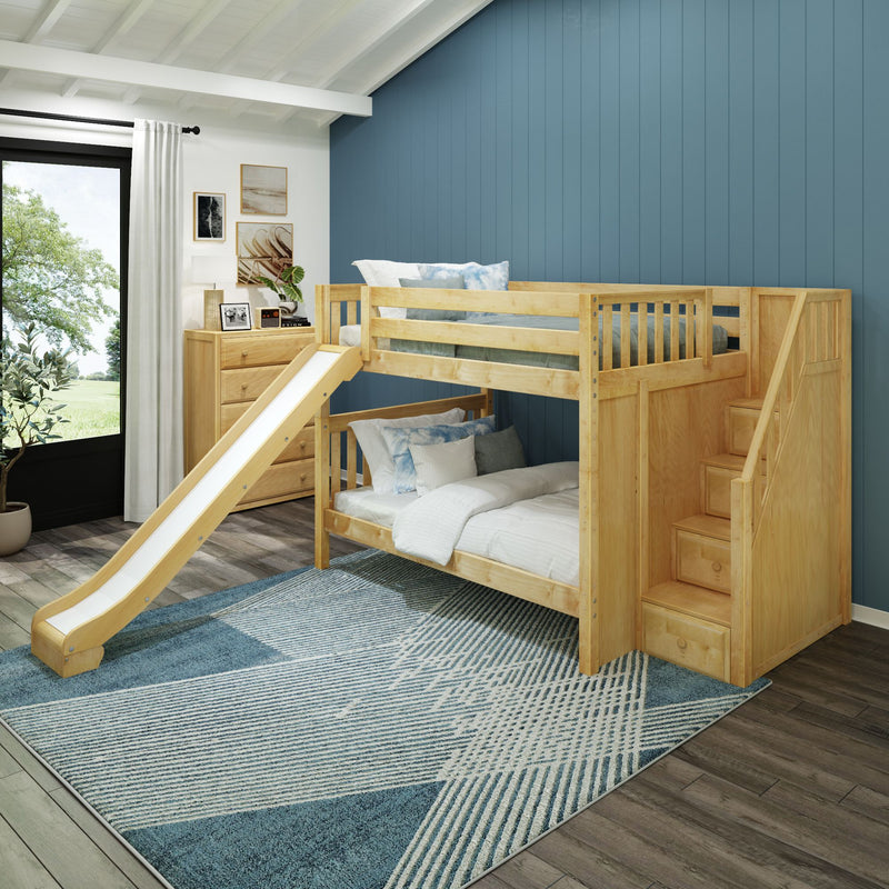 CELEBRATE NS : Bunk Bed Classic Mid Full Bunk Bed with Slide and Stairs on End, Natural Birch Slats