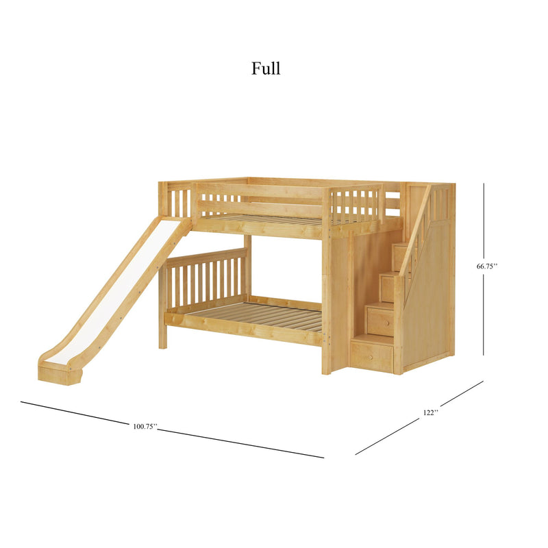 CELEBRATE NS : Bunk Bed Classic Mid Full Bunk Bed with Slide and Stairs on End, Natural Birch Slats