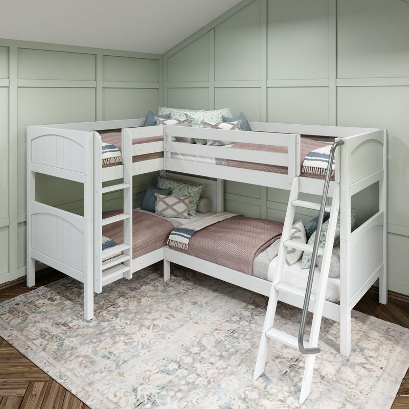 CRUX WP : Quad Corner Bunk Twin Mid Quad Corner Bunk with Left Straight Ladder + Right Angled Ladder on Front, Classic White Panel