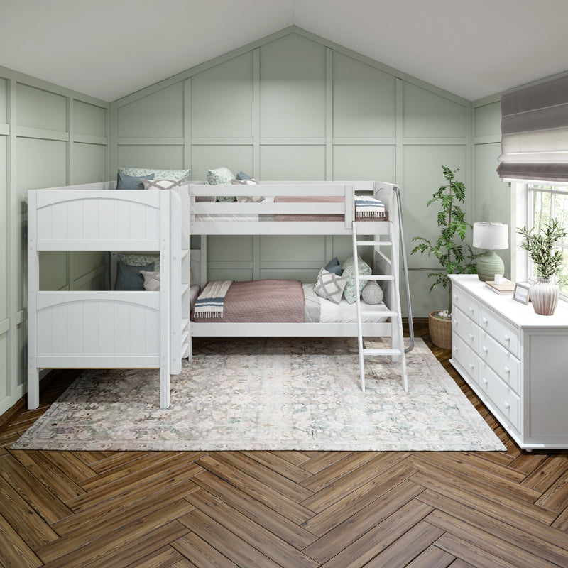 CRUX WP : Quad Corner Bunk Twin Mid Quad Corner Bunk with Left Straight Ladder + Right Angled Ladder on Front, Classic White Panel