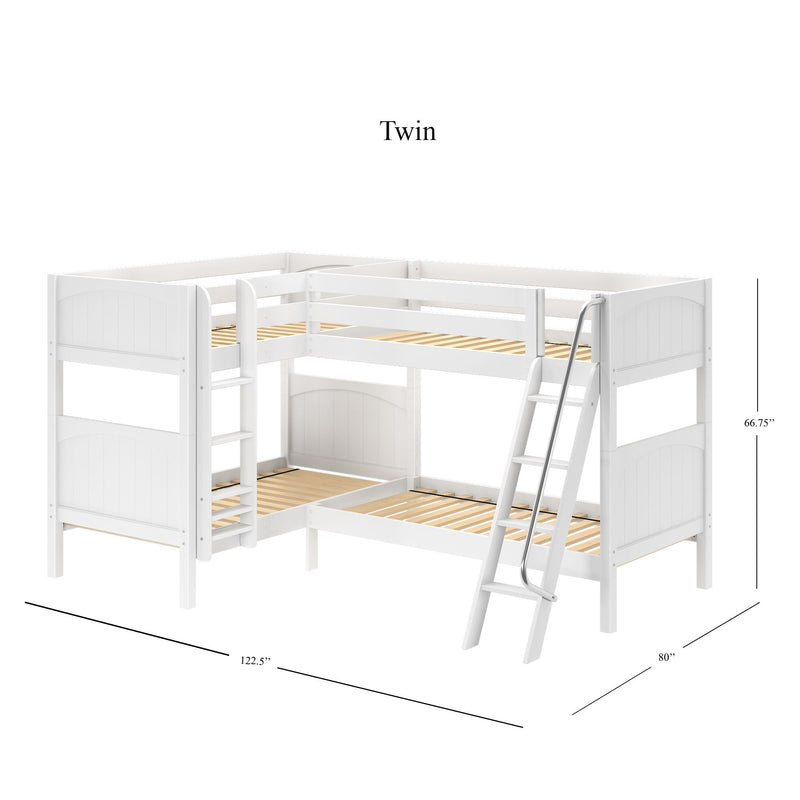 CRUX WP : Quad Corner Bunk Twin Mid Quad Corner Bunk with Left Straight Ladder + Right Angled Ladder on Front, Classic White Panel