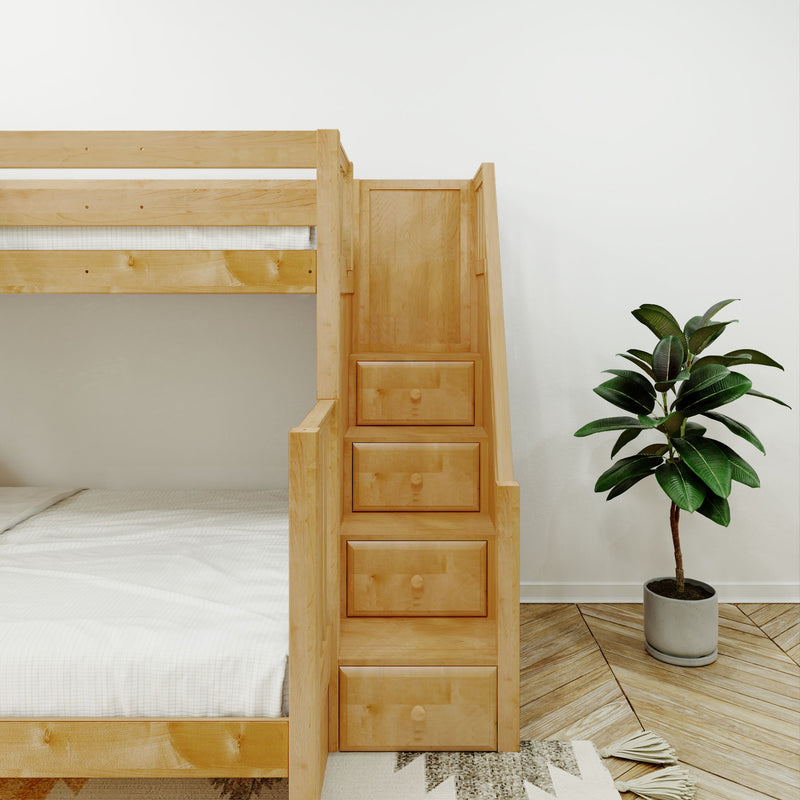 DECATHLON XL NS : Corner Loft Bunk Twin XL over Queen + Twin XL High Corner Loft Bunk with Stairs + Angled Ladder on Right on Front, Natural Birch Slats