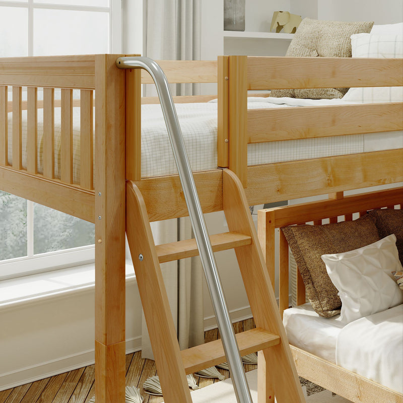DECATHLON XL NS : Corner Loft Bunk Twin XL over Queen + Twin XL High Corner Loft Bunk with Stairs + Angled Ladder on Right on Front, Natural Birch Slats