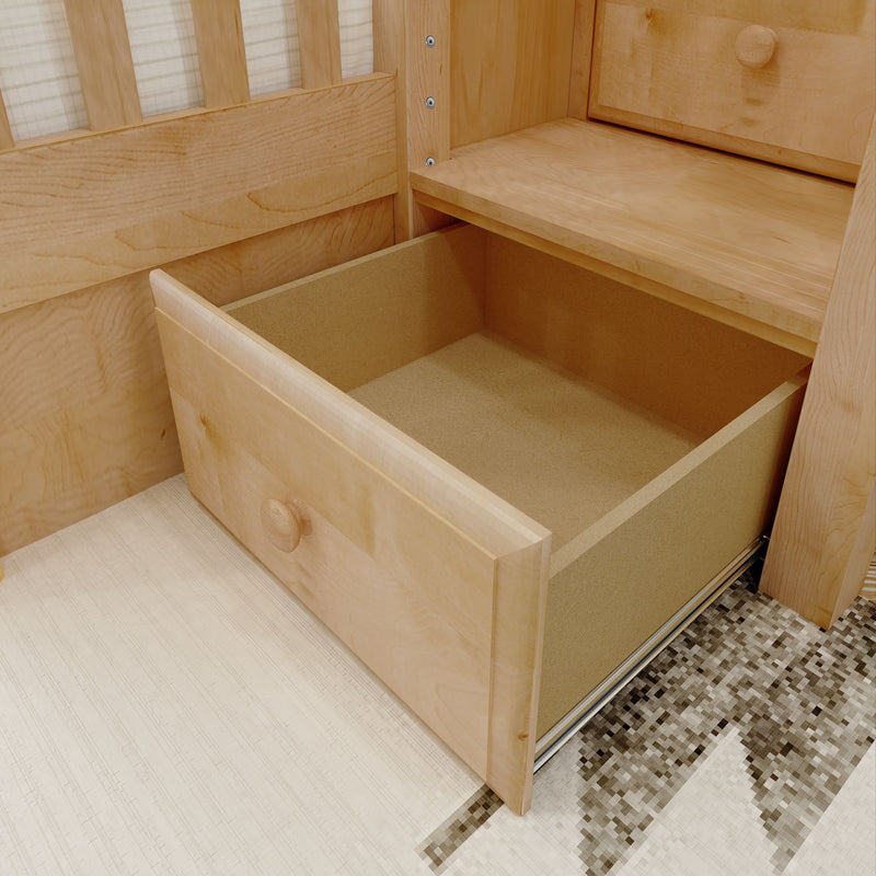 DECATHLON XL NS : Corner Loft Bunk Twin XL over Queen + Twin XL High Corner Loft Bunk with Stairs + Angled Ladder on Right on Front, Natural Birch Slats