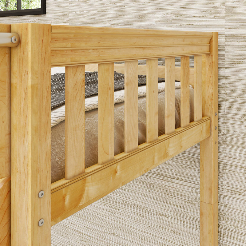 DECATHLON XL NS : Corner Loft Bunk Twin XL over Queen + Twin XL High Corner Loft Bunk with Stairs + Angled Ladder on Right on Front, Natural Birch Slats