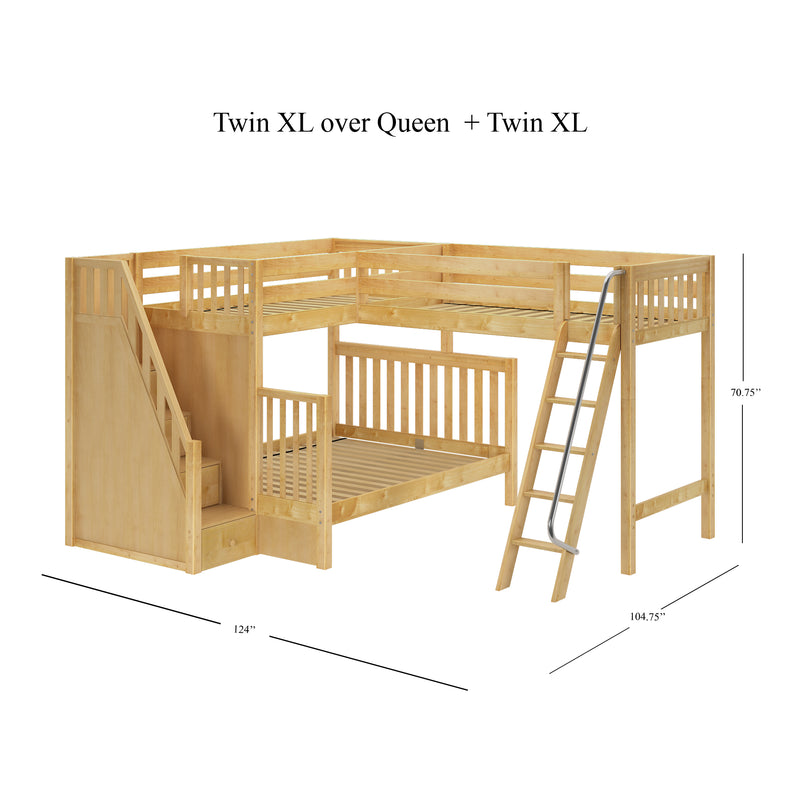 DECATHLON XL NS : Corner Loft Bunk Twin XL over Queen + Twin XL High Corner Loft Bunk with Stairs + Angled Ladder on Right on Front, Natural Birch Slats