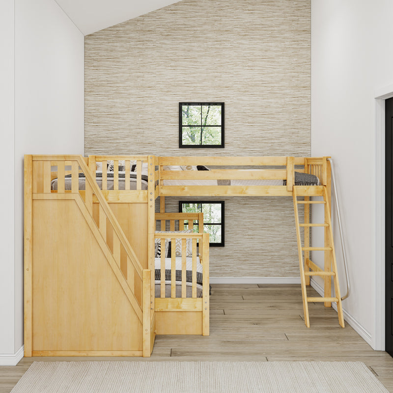 DECATHLON XL NS : Corner Loft Bunk Twin XL over Queen + Twin XL High Corner Loft Bunk with Stairs + Angled Ladder on Right on Front, Natural Birch Slats