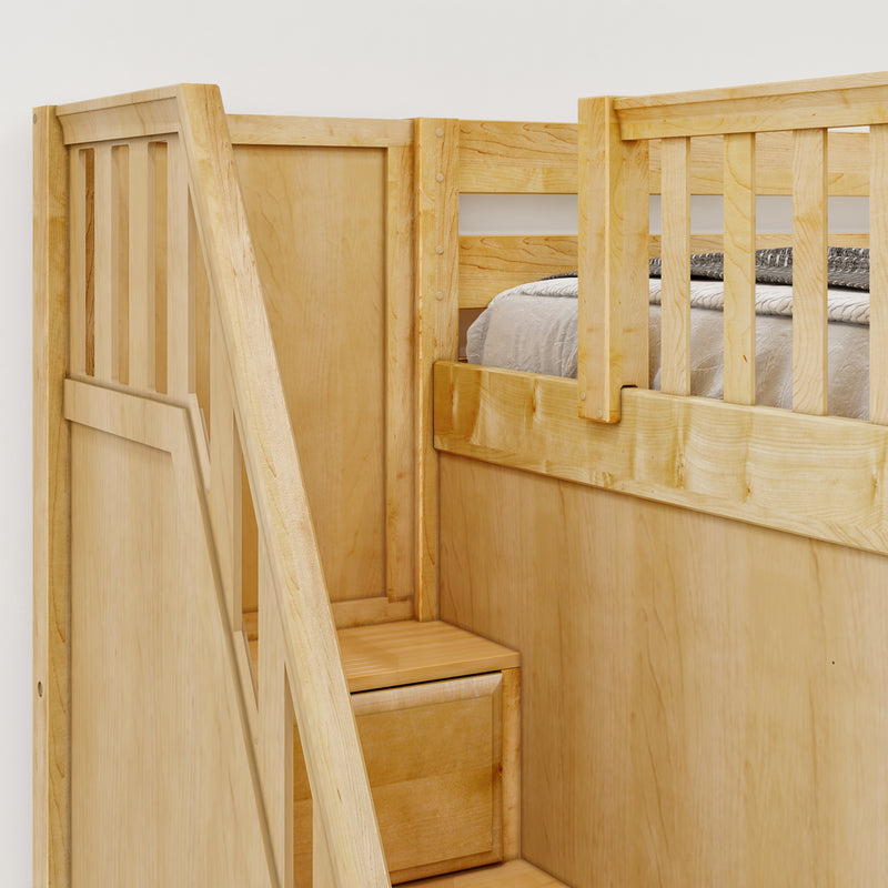 DECATHLON XL NS : Corner Loft Bunk Twin XL over Queen + Twin XL High Corner Loft Bunk with Stairs + Angled Ladder on Right on Front, Natural Birch Slats