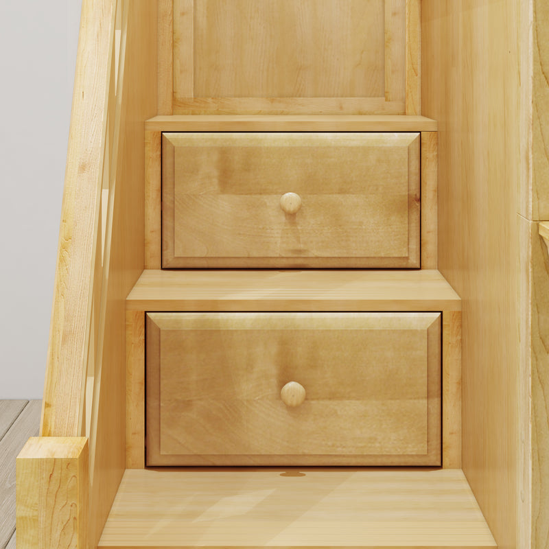 DECATHLON XL NS : Corner Loft Bunk Twin XL over Queen + Twin XL High Corner Loft Bunk with Stairs + Angled Ladder on Right on Front, Natural Birch Slats