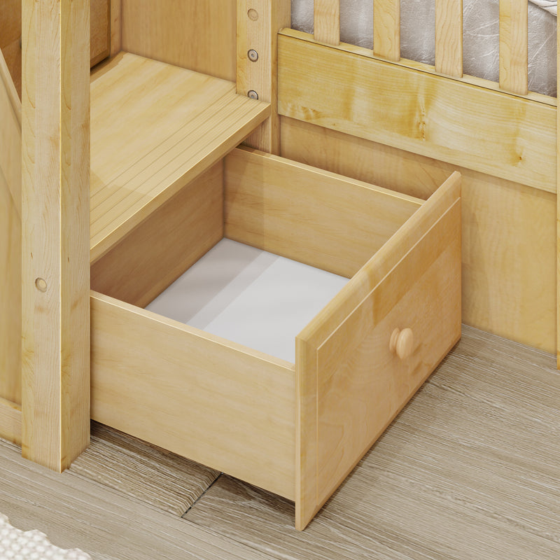 DECATHLON XL NS : Corner Loft Bunk Twin XL over Queen + Twin XL High Corner Loft Bunk with Stairs + Angled Ladder on Right on Front, Natural Birch Slats
