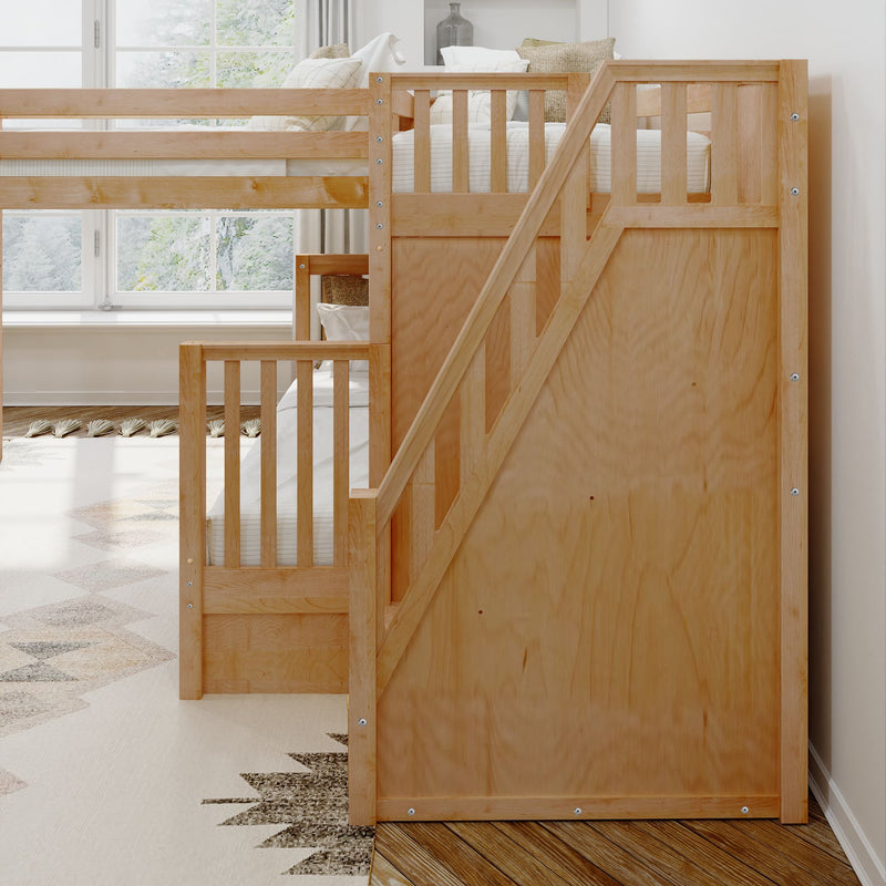 DECATHLON XL NS : Corner Loft Bunk Twin XL over Queen + Twin XL High Corner Loft Bunk with Stairs + Angled Ladder on Right on Front, Natural Birch Slats