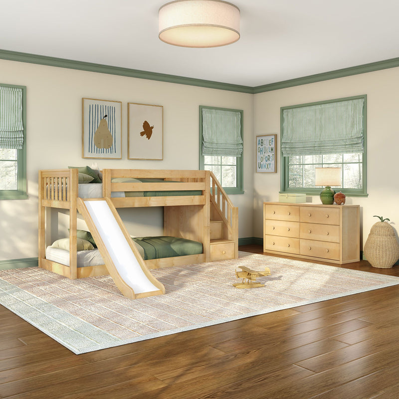 DOUBLE DUTCH NS : Bunk Bed Twin Floor Bunk Bed with Staircase and Slide, Natural Birch Slats