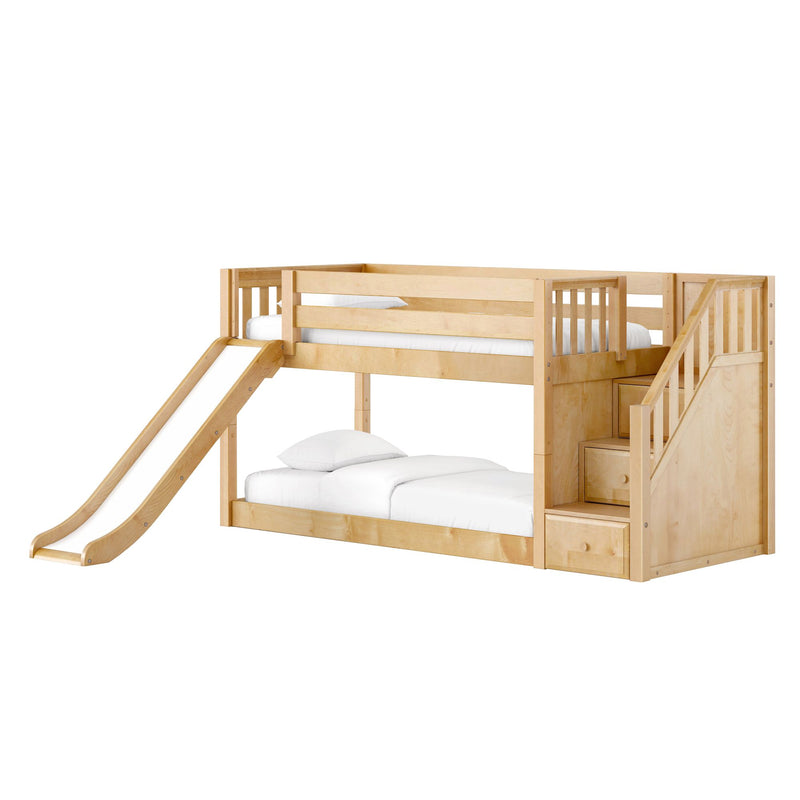DOUBLE DUTCH NS : Bunk Bed Twin Floor Bunk Bed with Staircase and Slide, Natural Birch Slats
