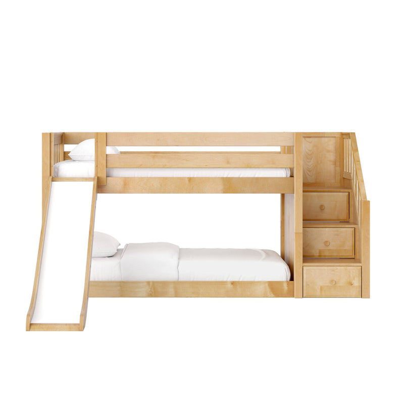 DOUBLE DUTCH NS : Bunk Bed Twin Floor Bunk Bed with Staircase and Slide, Natural Birch Slats