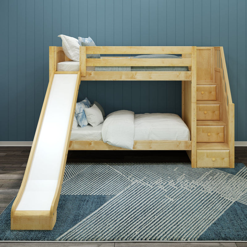ECSTATIC XL NP : Bunk Bed Classic Mid Twin XL Bunk Bed with Slide and Stairs on End, Natural Birch Panel