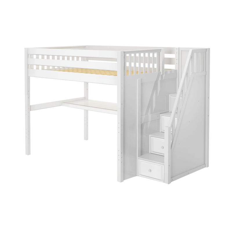 ENORMOUS11 WS : Loft Bed Full High Loft Study Bed with Long Desk and Stairs on End, Classic White Slats