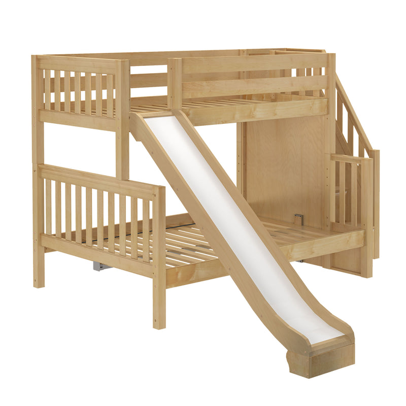 FOXTROT NS : Bunk Bed Classic Mid Twin over Full Bunk Bed with Slide and Stairs on End, Natural Birch Slats