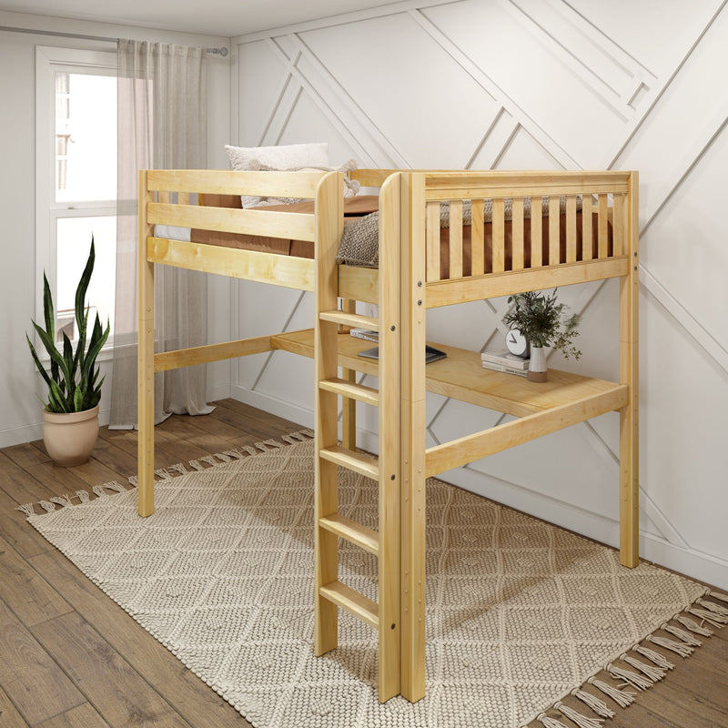 GRAND1 NS : Loft Bed Full High Loft Study Bed with Long Desk and Straight Ladder on Front, Natural Birch Slats