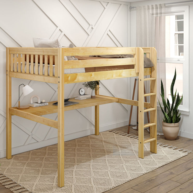 GRAND1 NS : Loft Bed Full High Loft Study Bed with Long Desk and Straight Ladder on Front, Natural Birch Slats