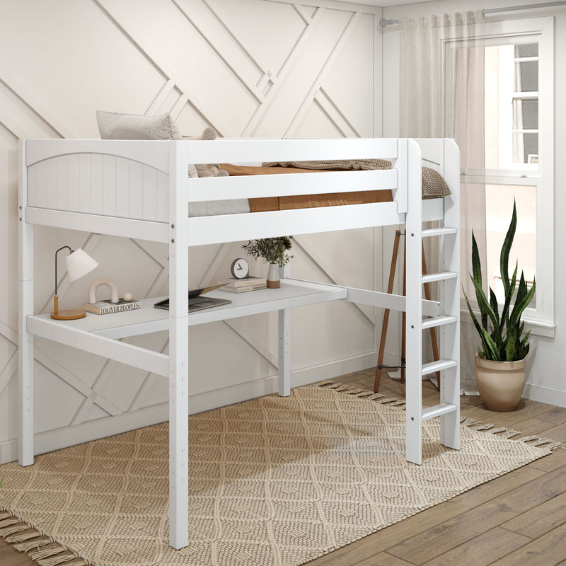 GRAND1 WP : Loft Bed Full High Loft Study Bed with Long Desk and Straight Ladder on Front, Classic White Panel