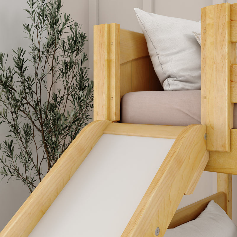 HAPPY XL NP : Bunk Bed Classic Mid Twin XL Bunk Bed with Slide and Angled Ladder on Front, Natural Birch Panel