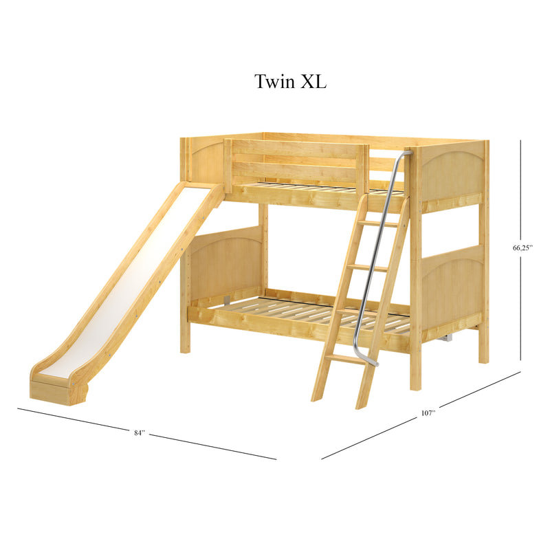 HAPPY XL NP : Bunk Bed Classic Mid Twin XL Bunk Bed with Slide and Angled Ladder on Front, Natural Birch Panel