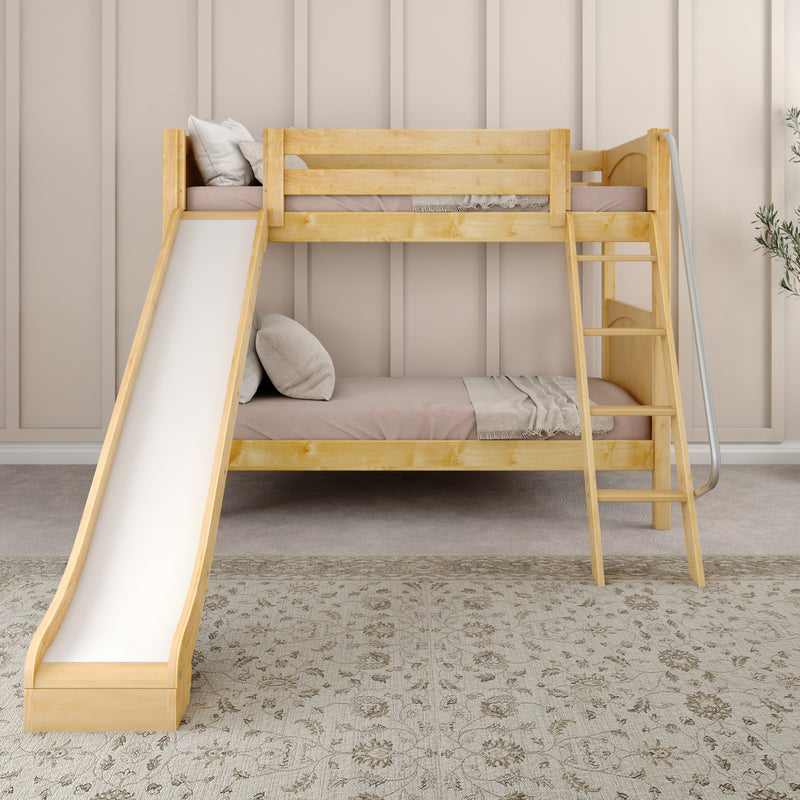 HAPPY XL NP : Bunk Bed Classic Mid Twin XL Bunk Bed with Slide and Angled Ladder on Front, Natural Birch Panel