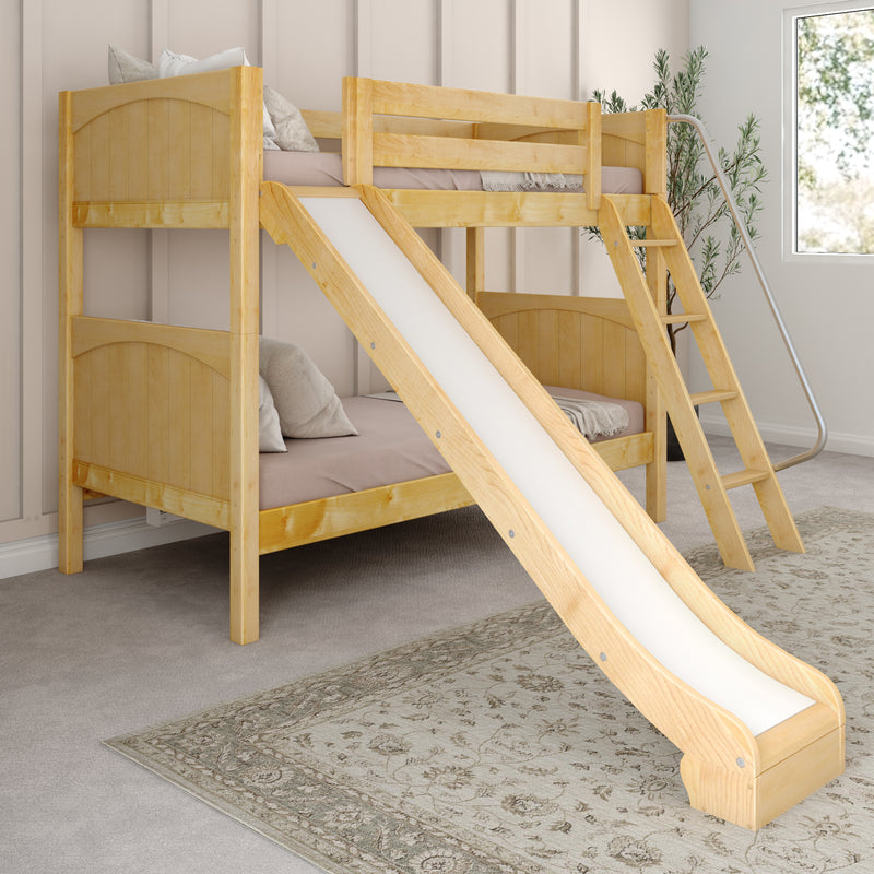 HAPPY XL NP : Bunk Bed Classic Mid Twin XL Bunk Bed with Slide and Angled Ladder on Front, Natural Birch Panel