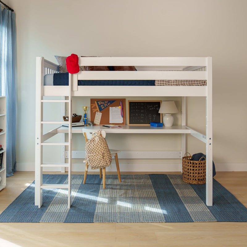 HEFTY1 XL WS : Loft Bed Queen High Loft Study Bed with Long Desk and Straight Ladder on Front, Classic White Slats