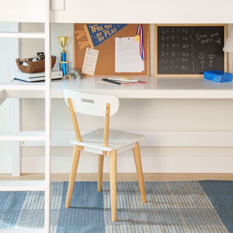 HEFTY1 XL WS : Loft Bed Queen High Loft Study Bed with Long Desk and Straight Ladder on Front, Classic White Slats