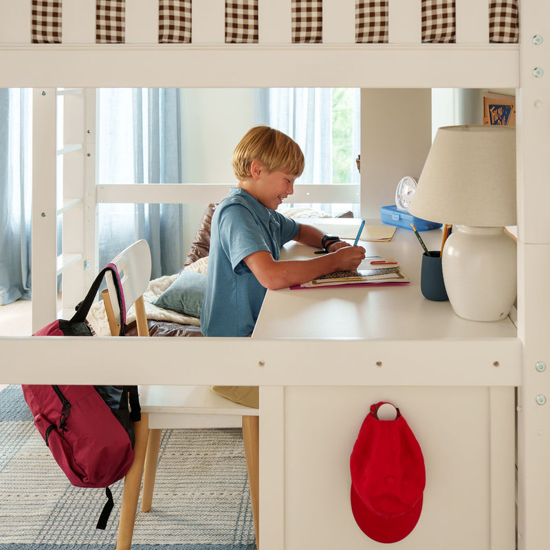 HEFTY1 XL WS : Loft Bed Queen High Loft Study Bed with Long Desk and Straight Ladder on Front, Classic White Slats